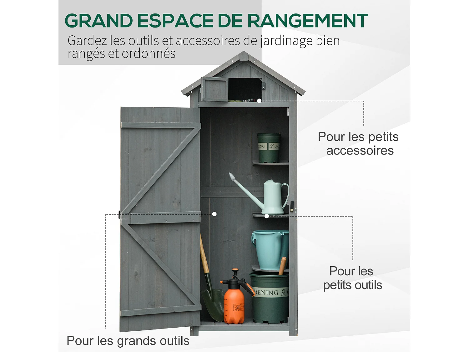 Armoire abri de jardin remise pour outils 3 étagères 2 portes loquets toit pente bitumé 77L x 54l x 179H cm sapin traité gris