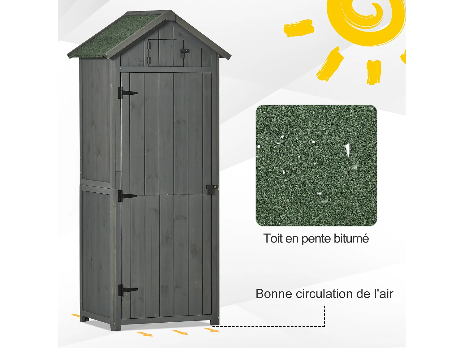 Armoire abri de jardin remise pour outils 3 étagères 2 portes loquets toit pente bitumé 77L x 54l x 179H cm sapin traité gris