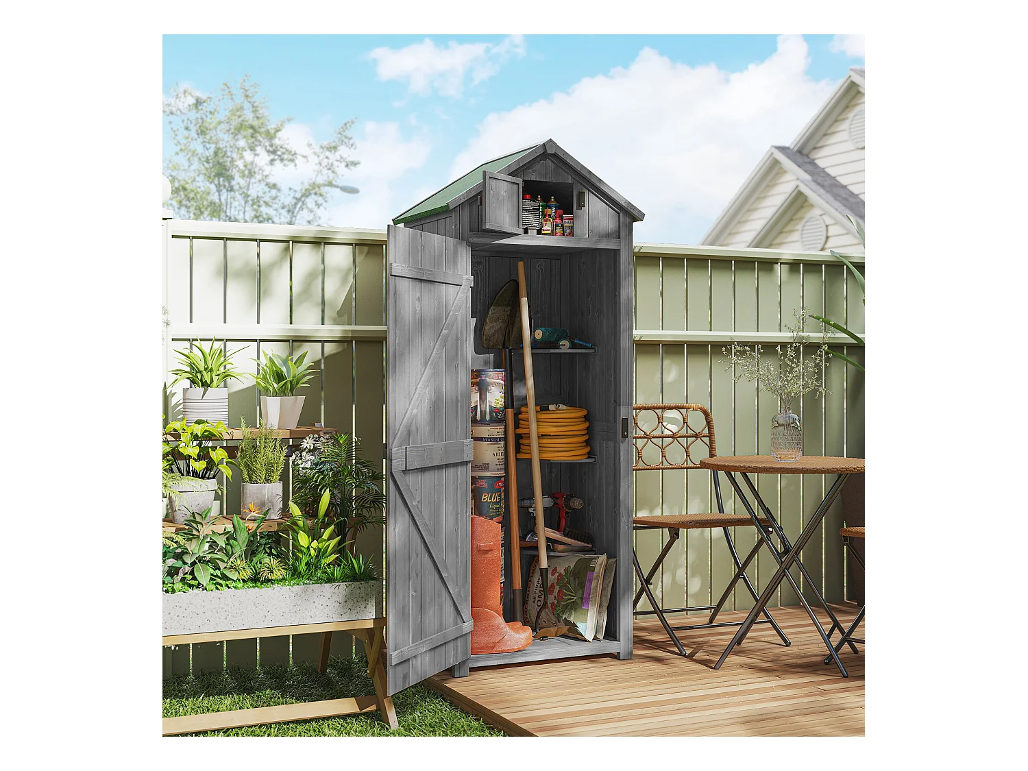 Armoire abri de jardin remise pour outils 3 étagères 2 portes loquets toit pente bitumé 77L x 54l x 179H cm sapin traité gris