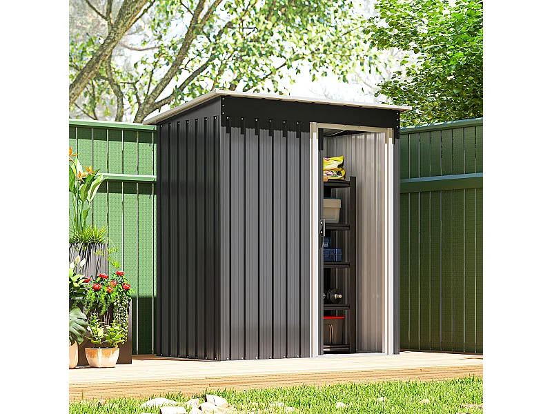 Abri de jardin - remise pour outils - cabanon porte coulissante - dim. 163L x 89l x 182H cm - tôle d'acier noir blanc