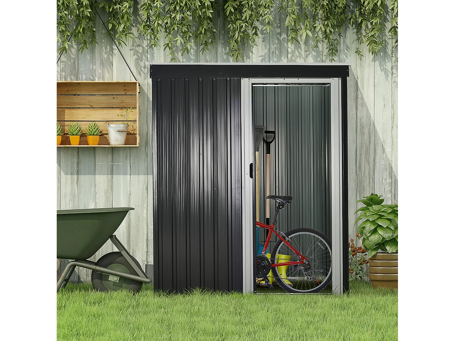 Abri de jardin - remise pour outils - cabanon porte coulissante - dim. 163L x 89l x 182H cm - tôle d'acier noir blanc