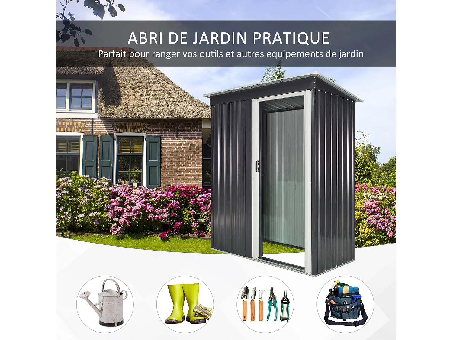 Abri de jardin - remise pour outils - cabanon porte coulissante - dim. 163L x 89l x 182H cm - tôle d'acier noir blanc