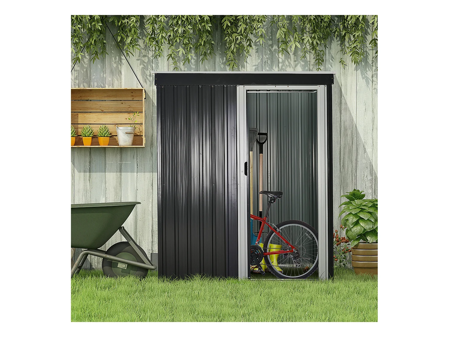 Abri de jardin - remise pour outils - cabanon porte coulissante - dim. 163L x 89l x 182H cm - tôle d'acier noir blanc