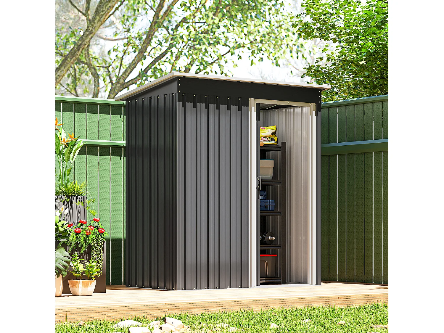 Abri de jardin - remise pour outils - cabanon porte coulissante - dim. 163L x 89l x 182H cm - tôle d'acier noir blanc