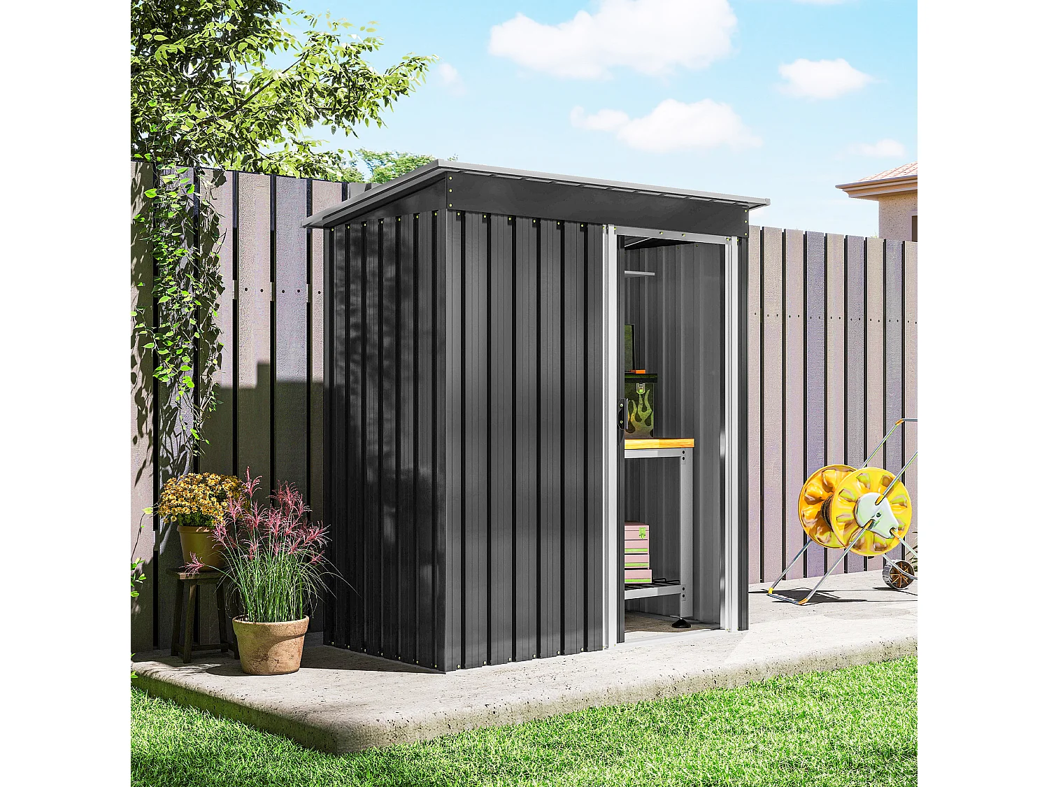 Abri de jardin - remise pour outils - cabanon porte coulissante - dim. 163L x 89l x 182H cm - tôle d'acier noir blanc