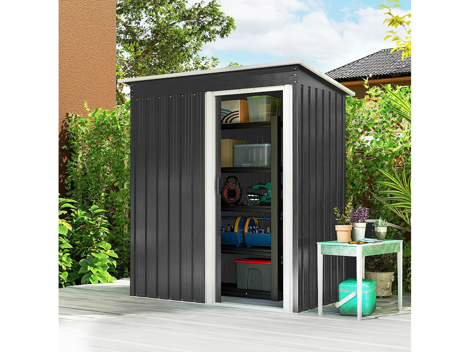 Abri de jardin - remise pour outils - cabanon porte coulissante - dim. 163L x 89l x 182H cm - tôle d'acier noir blanc
