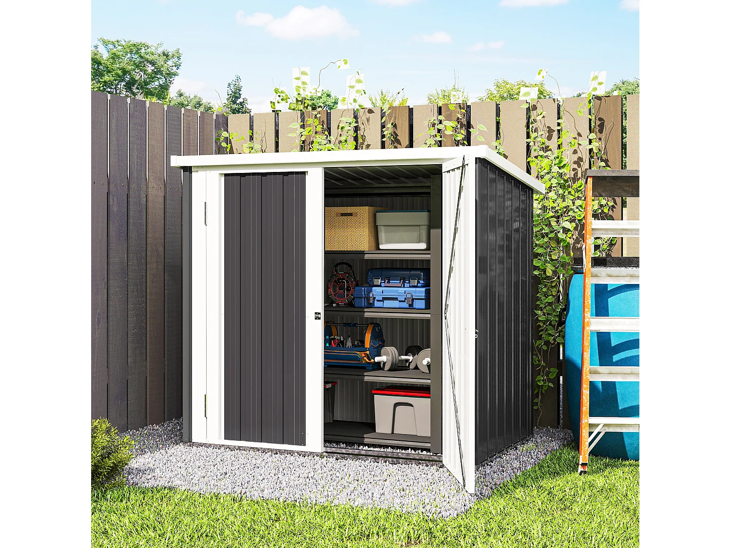 Abri de jardin - remise pour outils - abri vélo - abri poubelle - 2 portes verrouillables - dim. 147L x 86l x 134H cm - tôle d'acier noir blanc