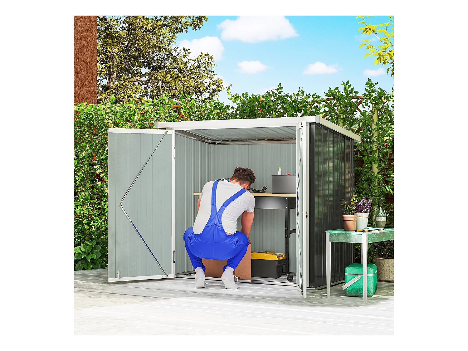 Abri de jardin - remise pour outils - abri vélo - abri poubelle - 2 portes verrouillables - dim. 147L x 86l x 134H cm - tôle d'acier noir blanc