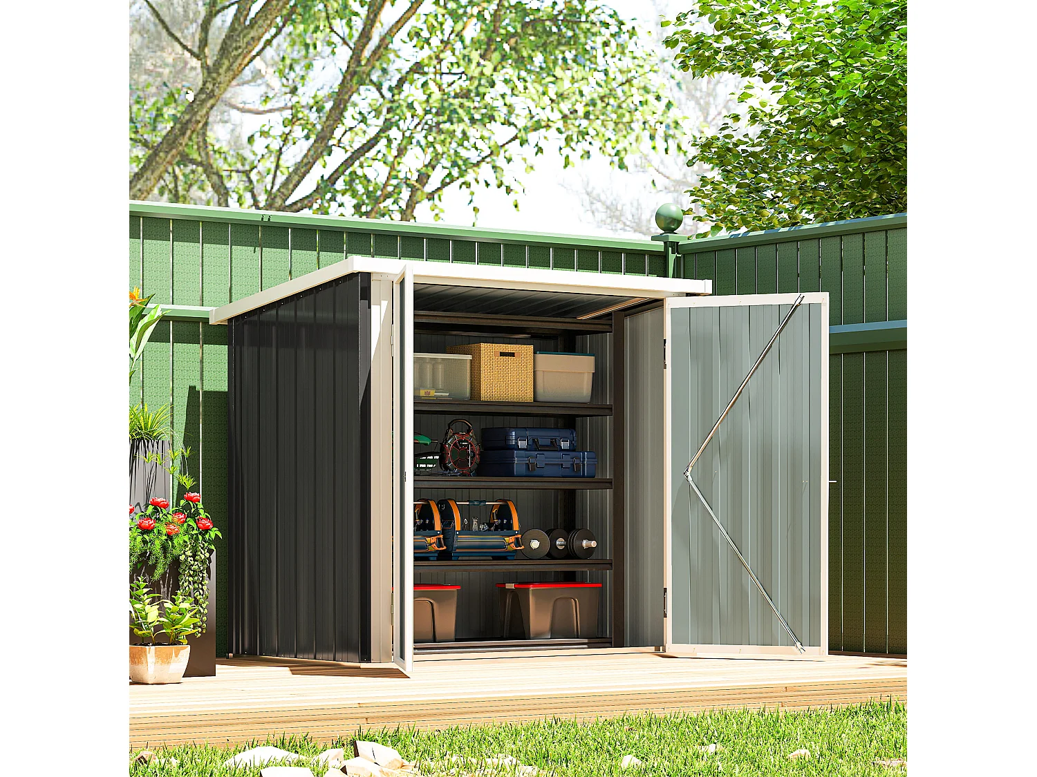 Abri de jardin - remise pour outils - abri vélo - abri poubelle - 2 portes verrouillables - dim. 147L x 86l x 134H cm - tôle d'acier noir blanc