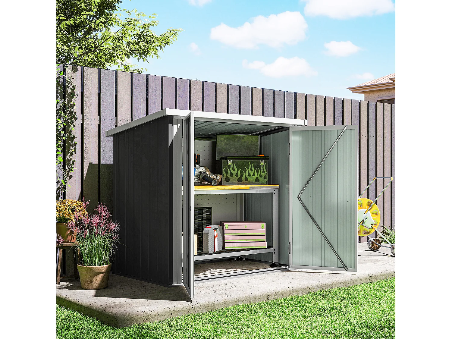Abri de jardin - remise pour outils - abri vélo - abri poubelle - 2 portes verrouillables - dim. 147L x 86l x 134H cm - tôle d'acier noir blanc