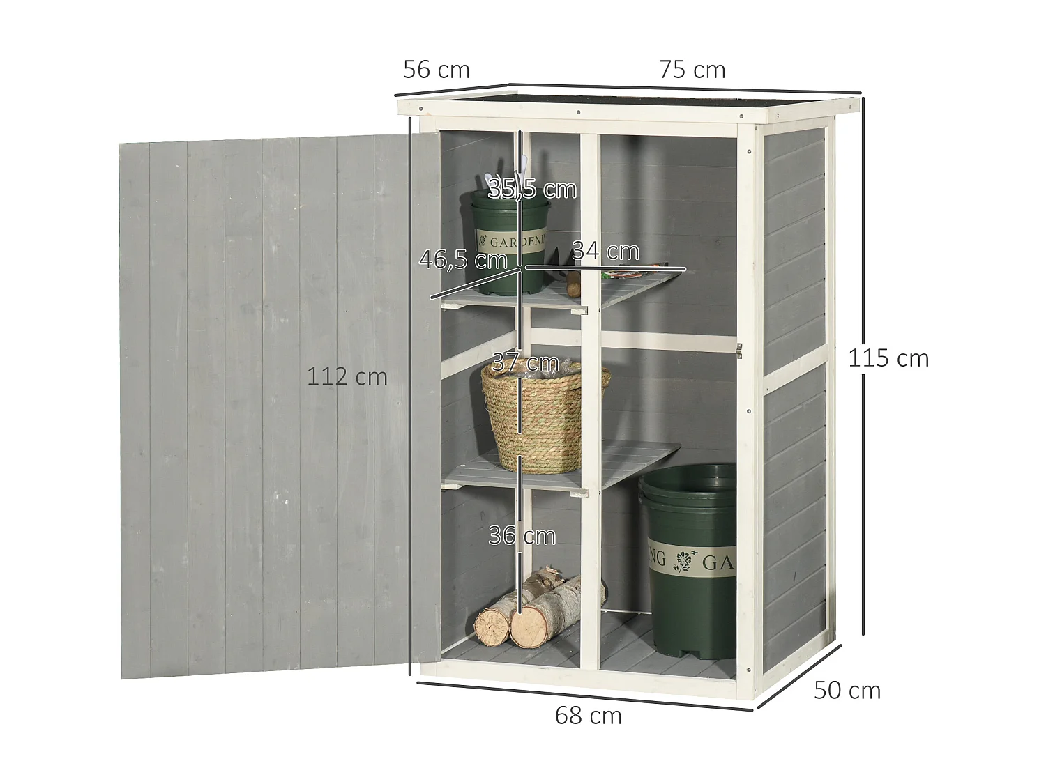 Armoire abri de jardin remise pour outils - grande porte verrouillable loquet - 2 étagères - toit bitumé incliné bois de sapin blanc gris
