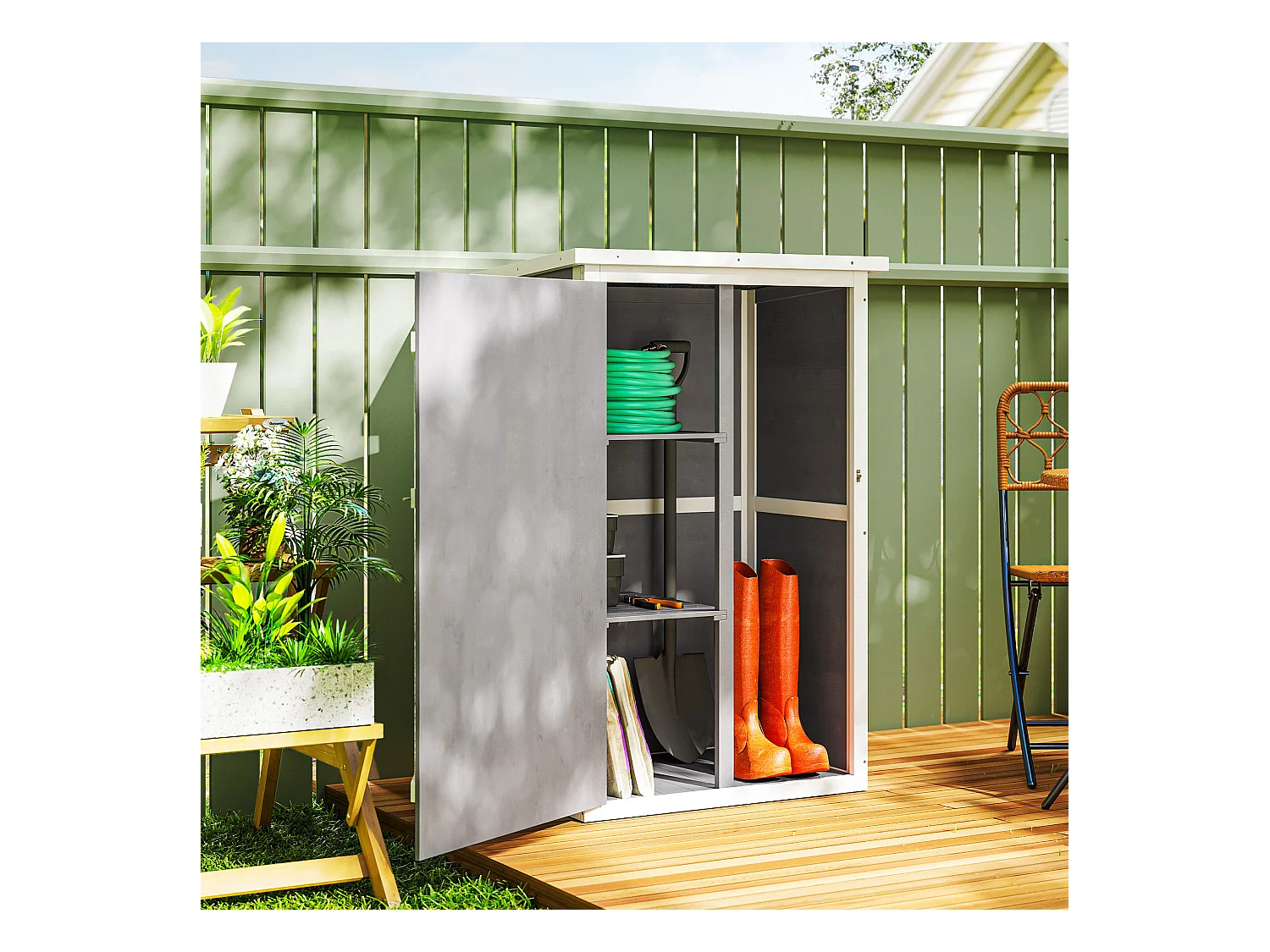 Armoire abri de jardin remise pour outils - grande porte verrouillable loquet - 2 étagères - toit bitumé incliné bois de sapin blanc gris