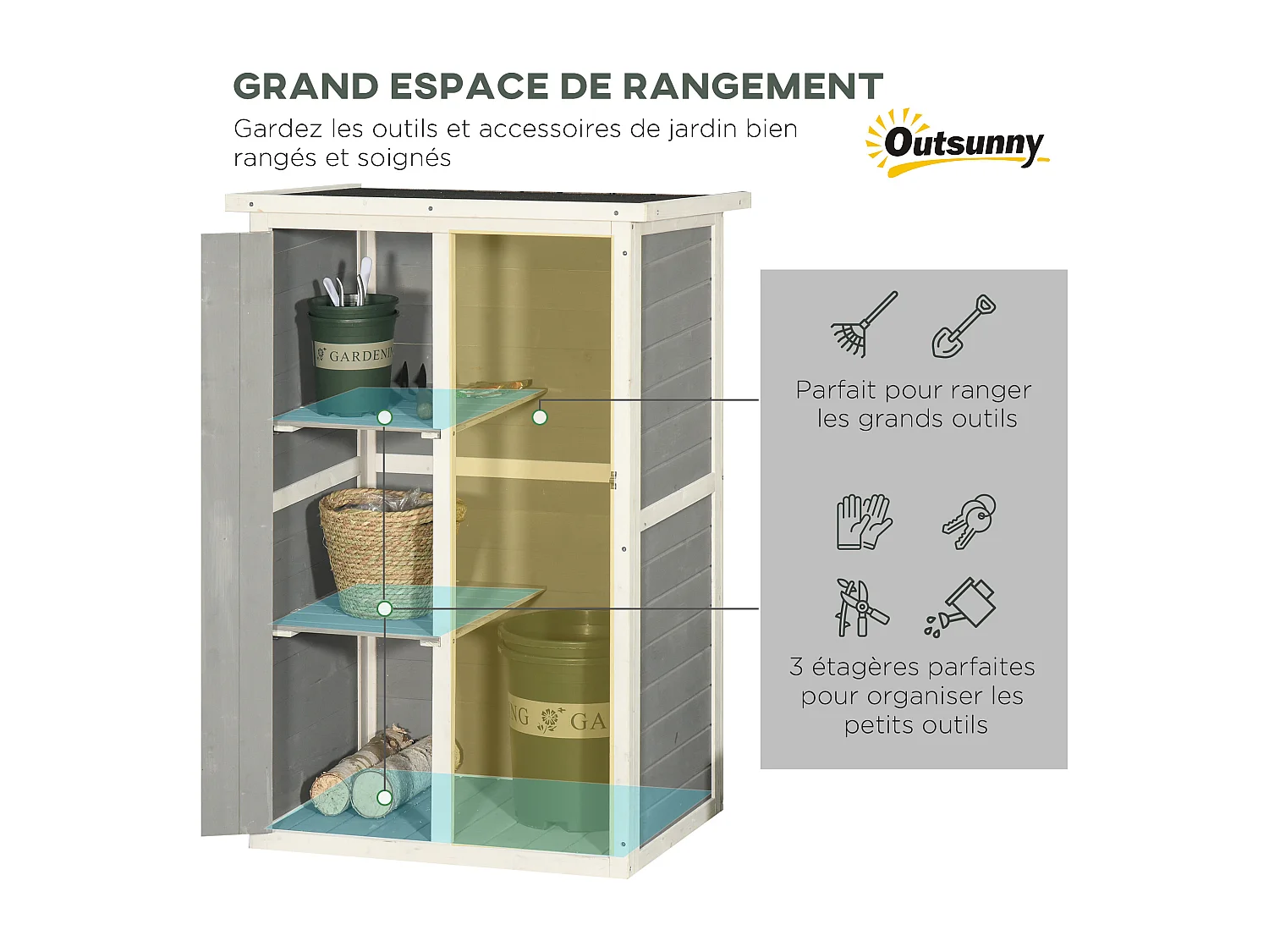 Armoire abri de jardin remise pour outils - grande porte verrouillable loquet - 2 étagères - toit bitumé incliné bois de sapin blanc gris