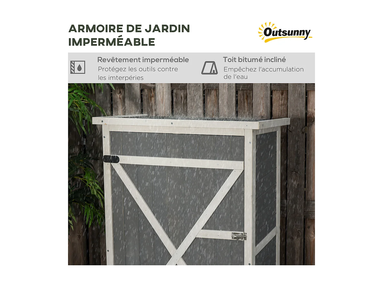Armoire abri de jardin remise pour outils - grande porte verrouillable loquet - 2 étagères - toit bitumé incliné bois de sapin blanc gris