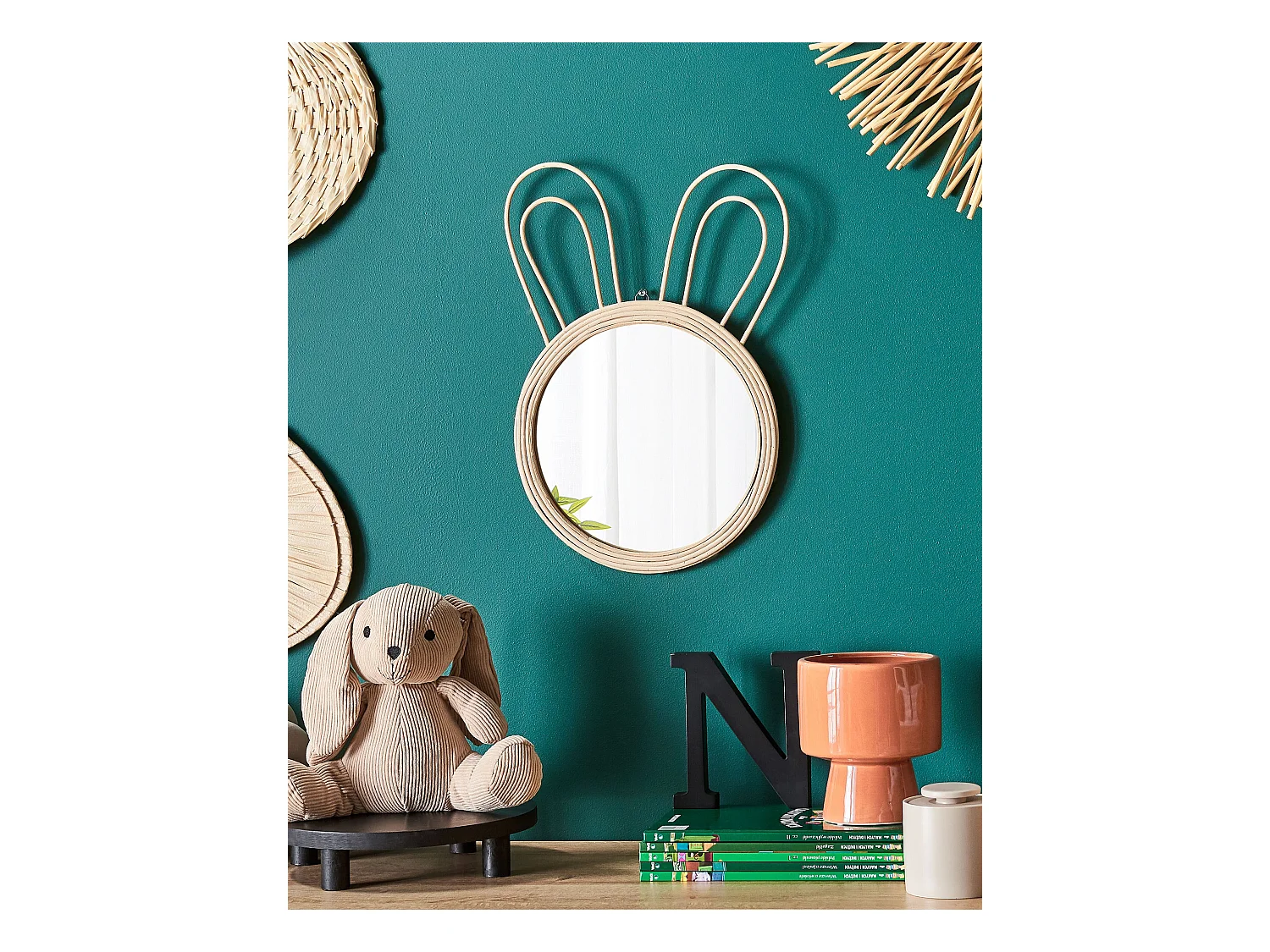 Wandspiegel Boho-Stil Rattan natürlich mit Hasenohren rund ø 28 cm Golong