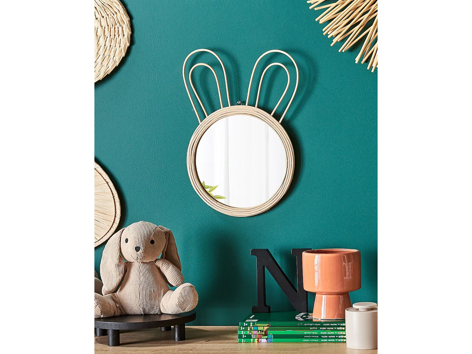 Wandspiegel Boho-Stil Rattan natürlich mit Hasenohren rund ø 28 cm Golong