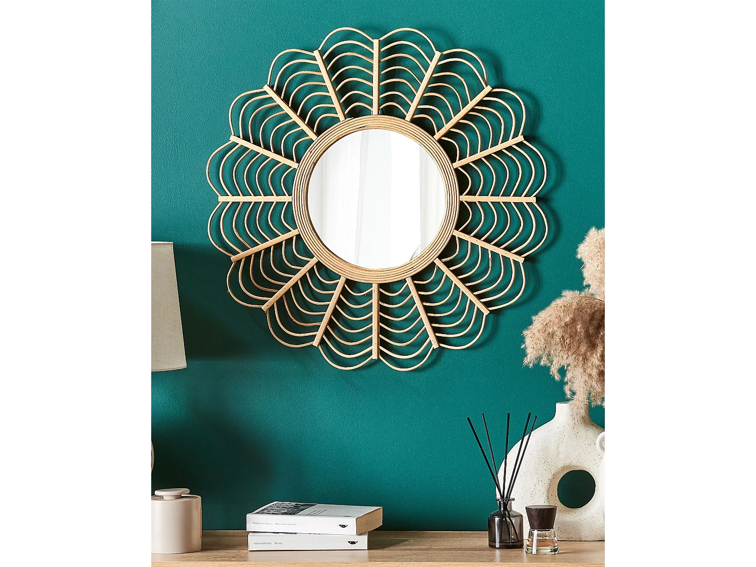 Moderner Wandspiegel Rattan natürlich ø 60 cm in Sonnenform Tumbit