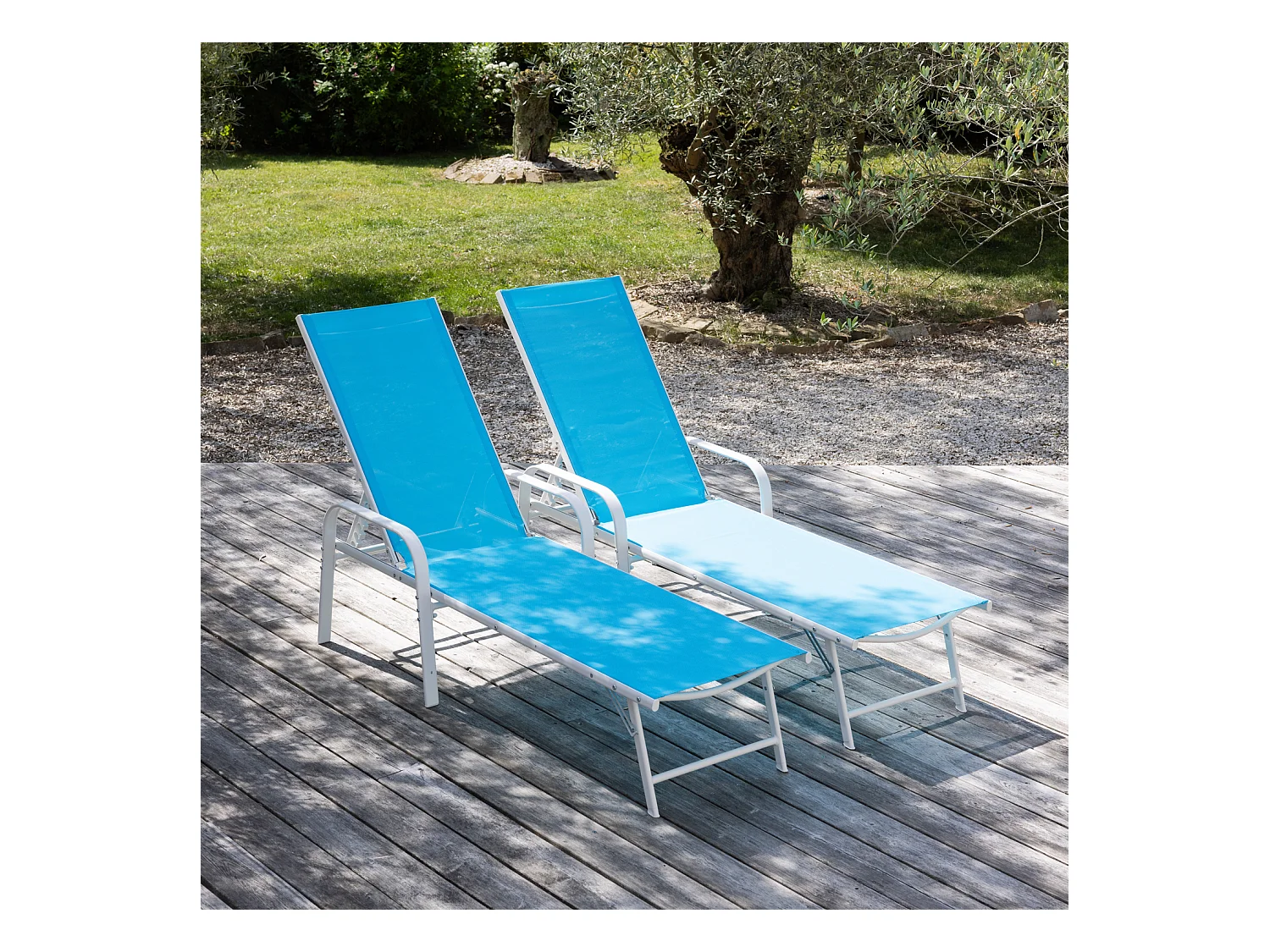 Lot de 2 bains de soleil SARDINIA en textilène bleu - structure blanche - HAPPY GARDEN