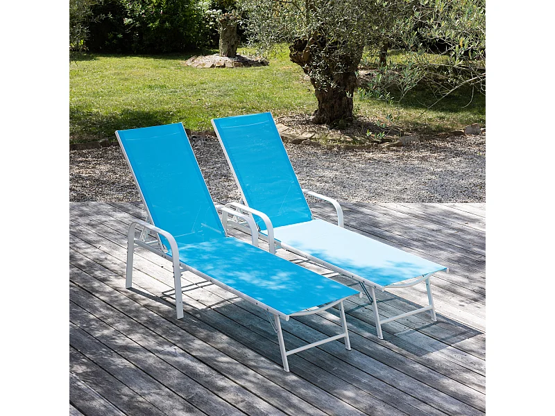 Lot de 2 bains de soleil SARDINIA en textilène bleu - structure blanche - HAPPY GARDEN
