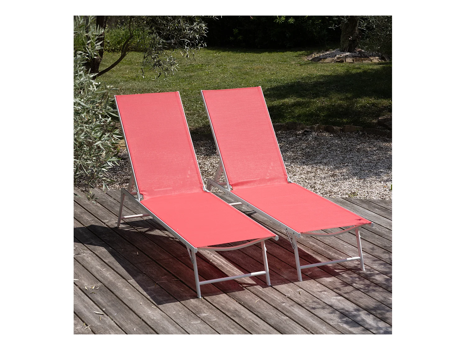 Lot de 2 bains de soleil pliants SICILIA en textilène rose - structure blanche - HAPPY GARDEN