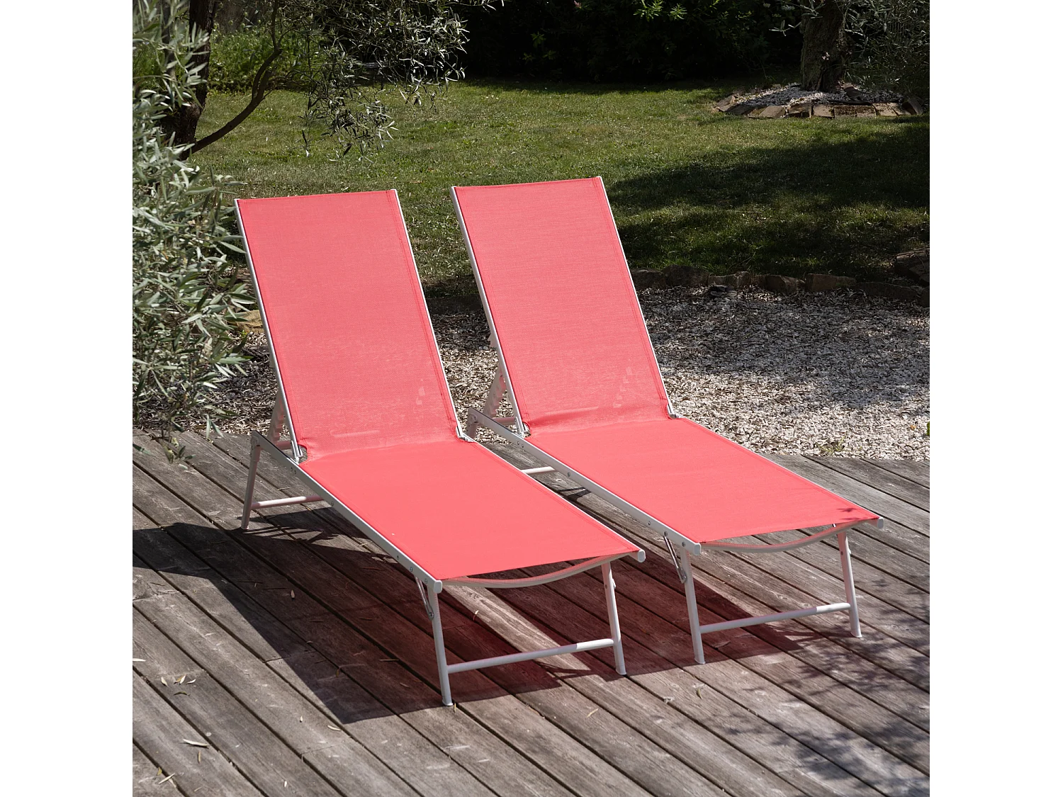 Lot de 2 bains de soleil pliants SICILIA en textilène rose - structure blanche - HAPPY GARDEN