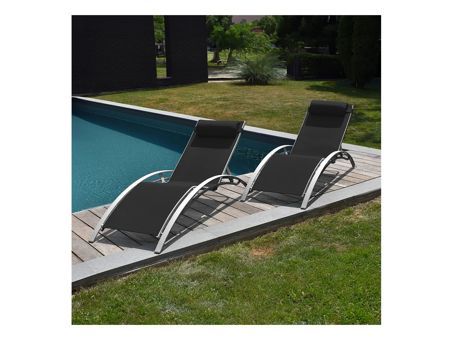Lot de 2 transats GALAPAGOS en textilène noir - aluminium gris - HAPPY GARDEN