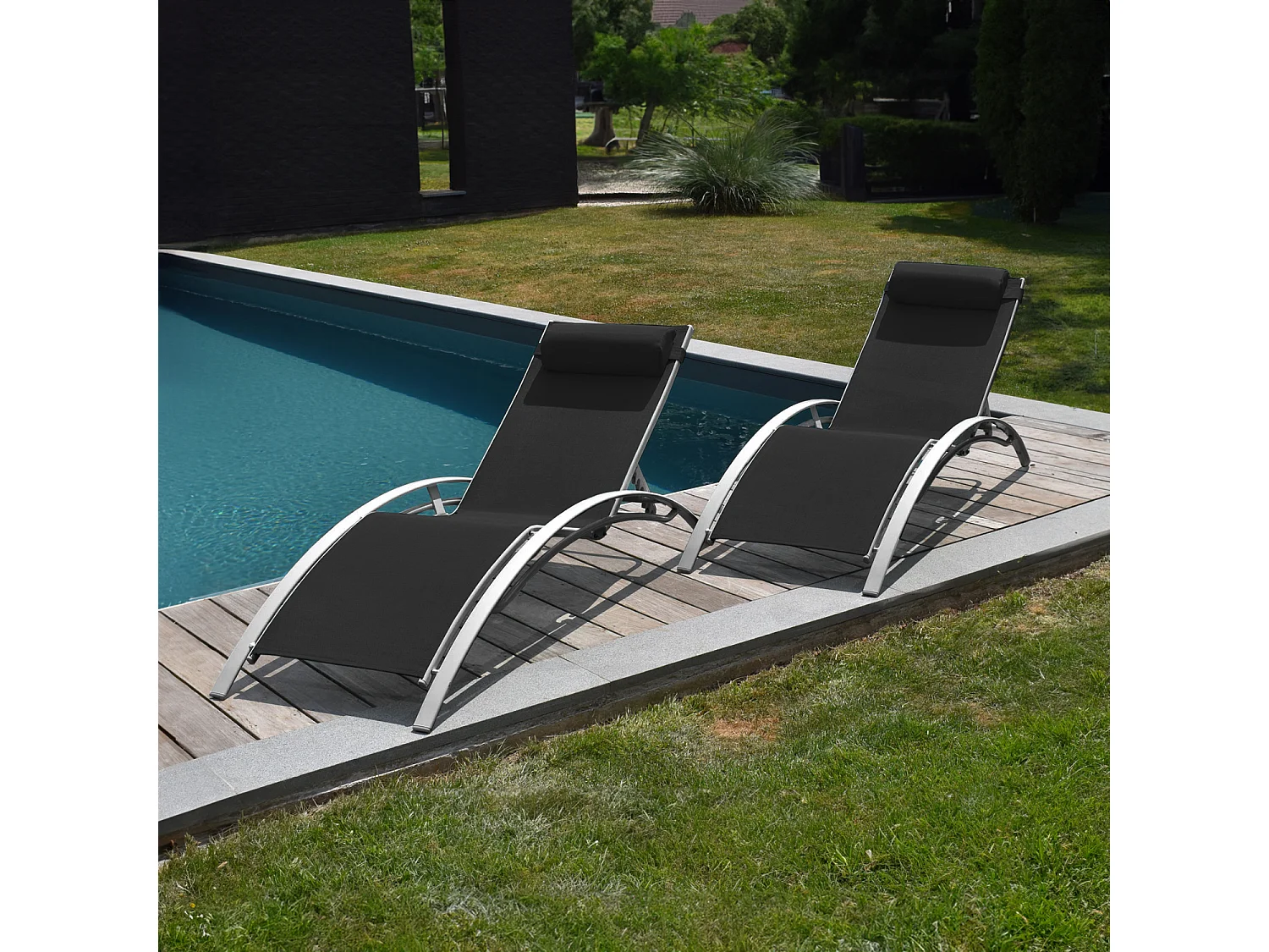 Lot de 2 transats GALAPAGOS en textilène noir - aluminium gris - HAPPY GARDEN