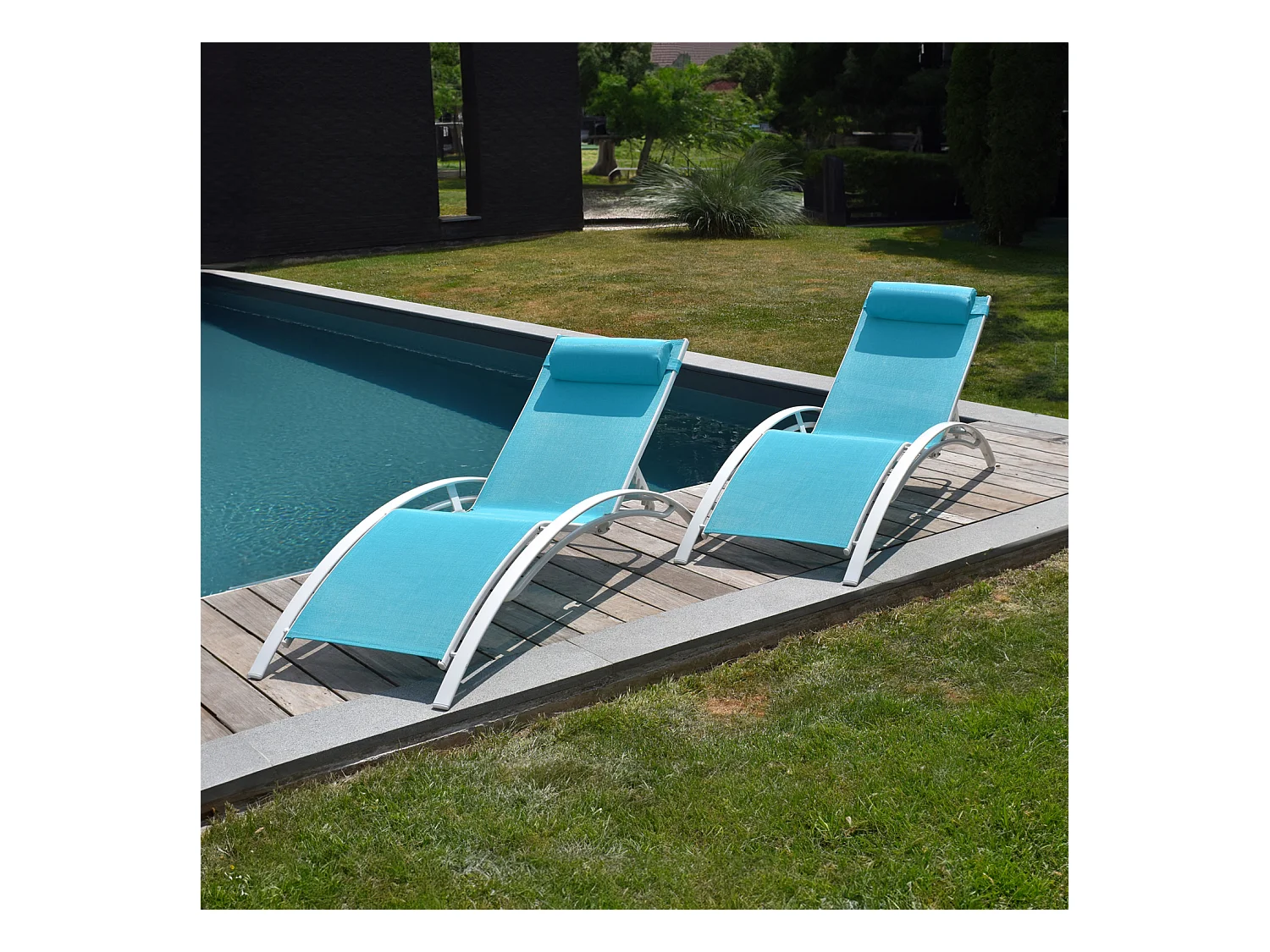 Lot de 2 transats GALAPAGOS en textilène bleu - aluminium blanc - HAPPY GARDEN