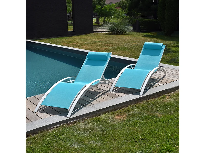 Lot de 2 transats GALAPAGOS en textilène bleu - aluminium blanc - HAPPY GARDEN