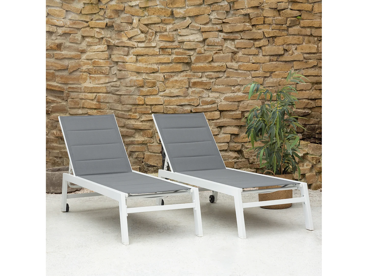 Lot de 2 bains de soleil BARBADOS en textilène gris - aluminium blanc - HAPPY GARDEN