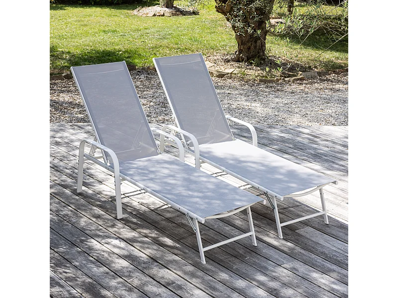 Lot de 2 bains de soleil SARDINIA en textilène gris - structure blanche - HAPPY GARDEN