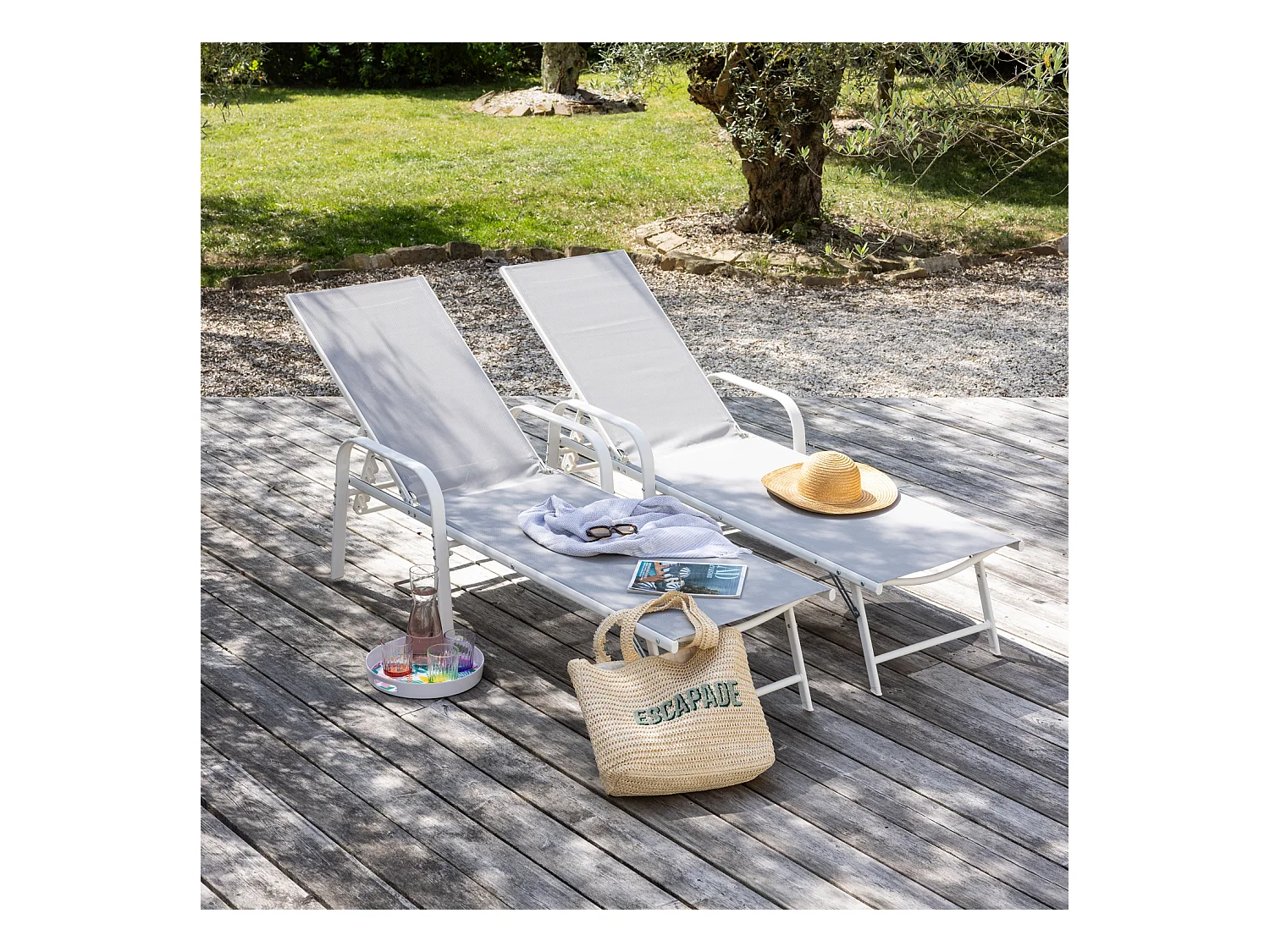 Lote de 2 tumbonas de textileno gris SARDINIA estructura blanca