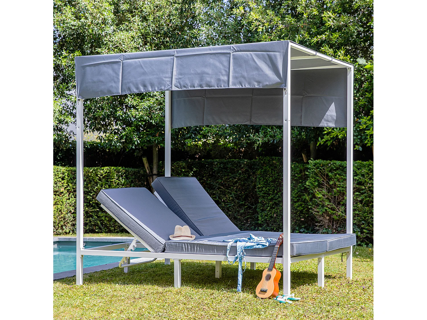 Lit à baldaquin d'extérieur BARBADOS - aluminium blanc/coussins gris - HAPPY GARDEN