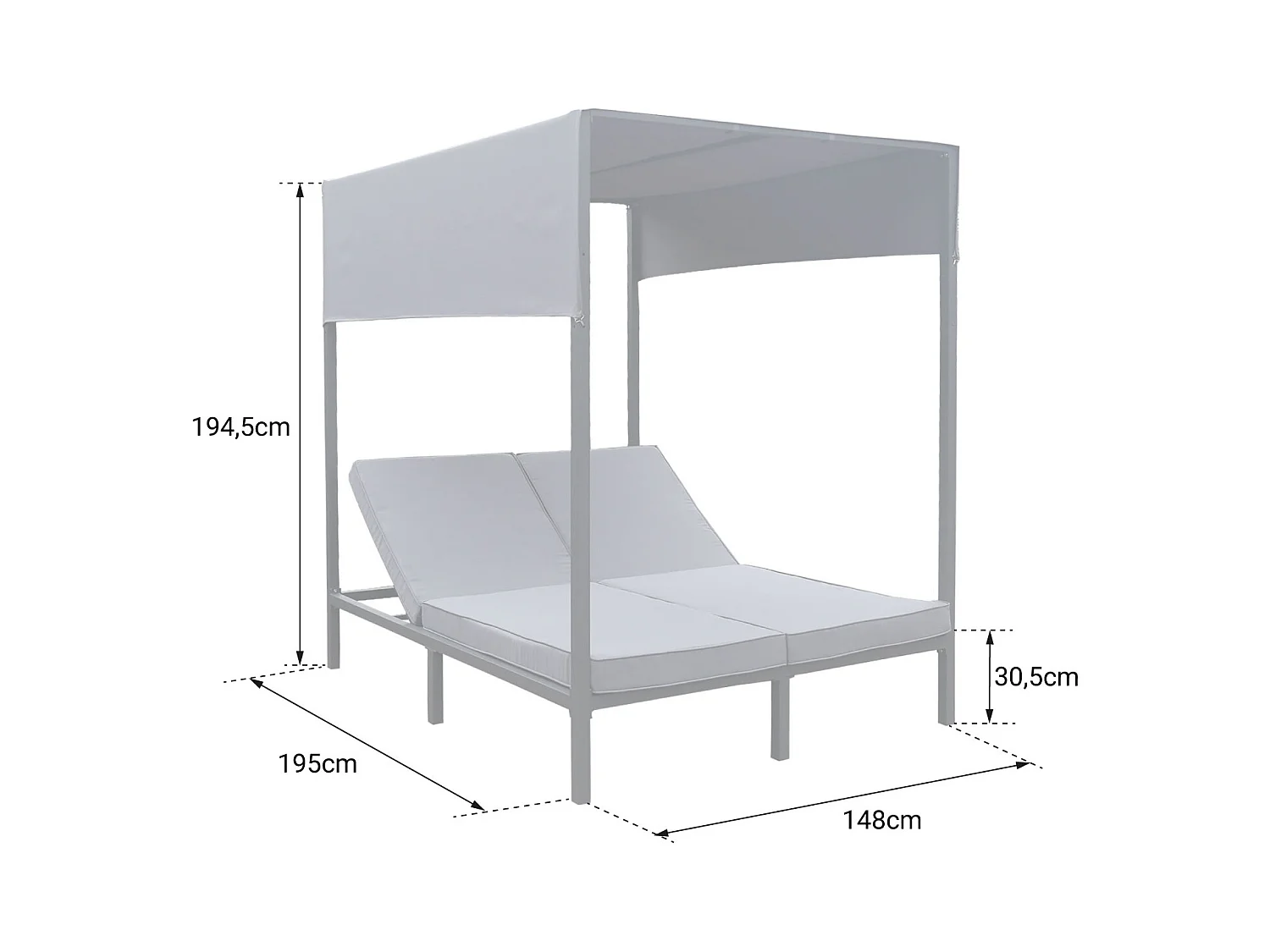 BARBADOS buitenhemelbed - wit aluminium/grijze kussens