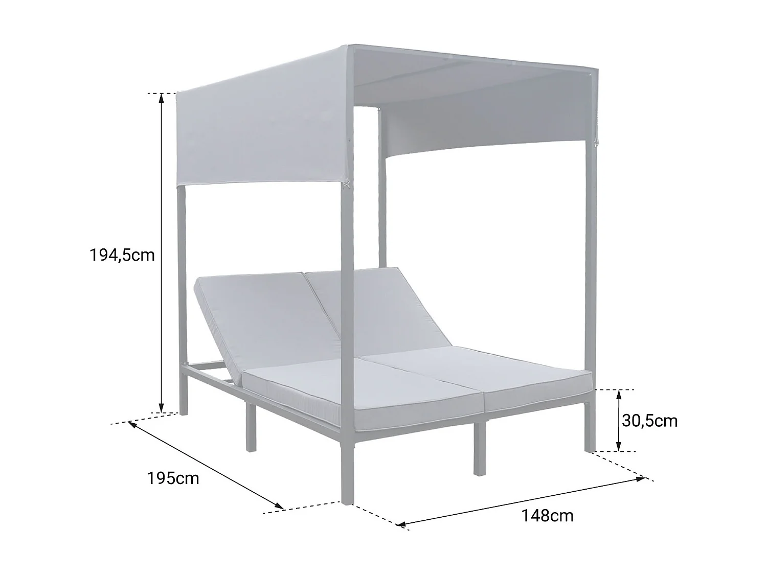 Lit à baldaquin d'extérieur BARBADOS - aluminium blanc/coussins gris - HAPPY GARDEN