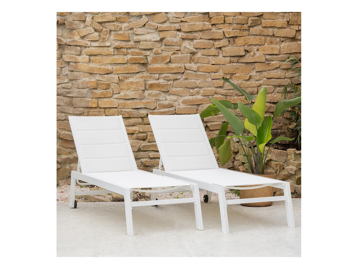 Lot de 2 bains de soleil BARBADOS en textilène blanc - aluminium blanc - HAPPY GARDEN
