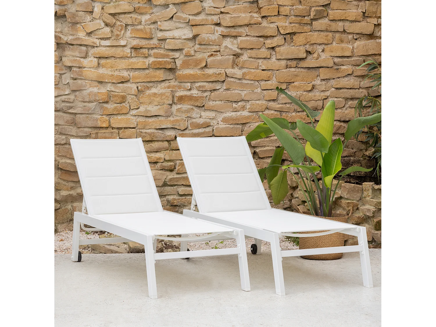 Lot de 2 bains de soleil BARBADOS en textilène blanc - aluminium blanc - HAPPY GARDEN