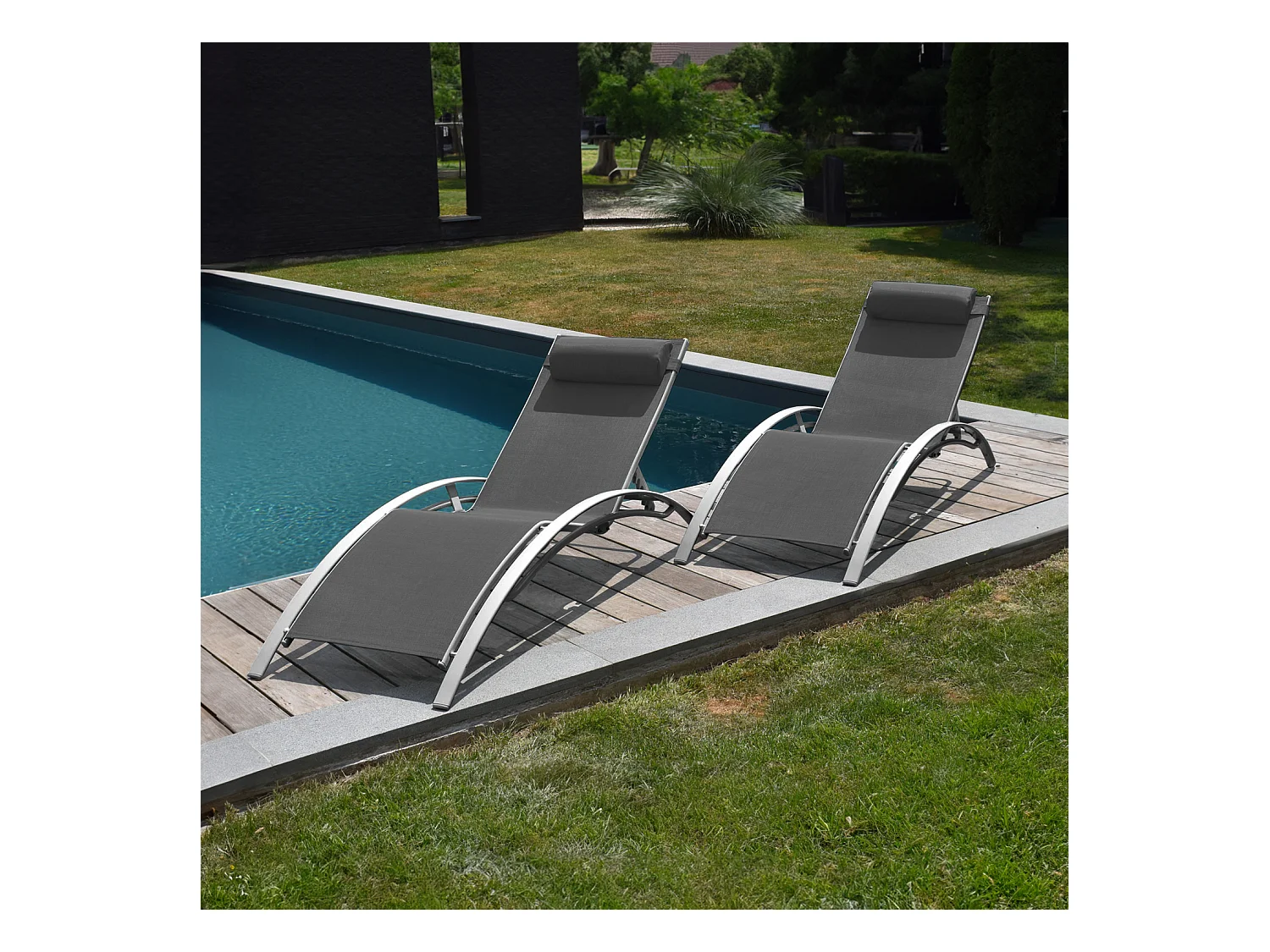 Lot de 2 transats GALAPAGOS en textilène gris - aluminium gris - HAPPY GARDEN