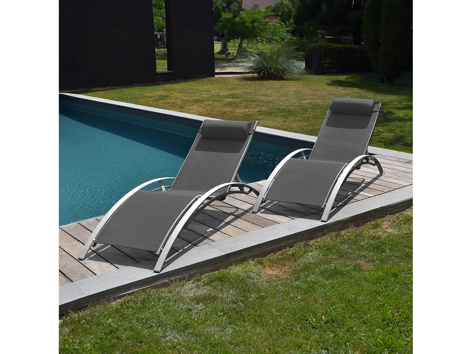 Lot de 2 transats GALAPAGOS en textilène gris - aluminium gris - HAPPY GARDEN