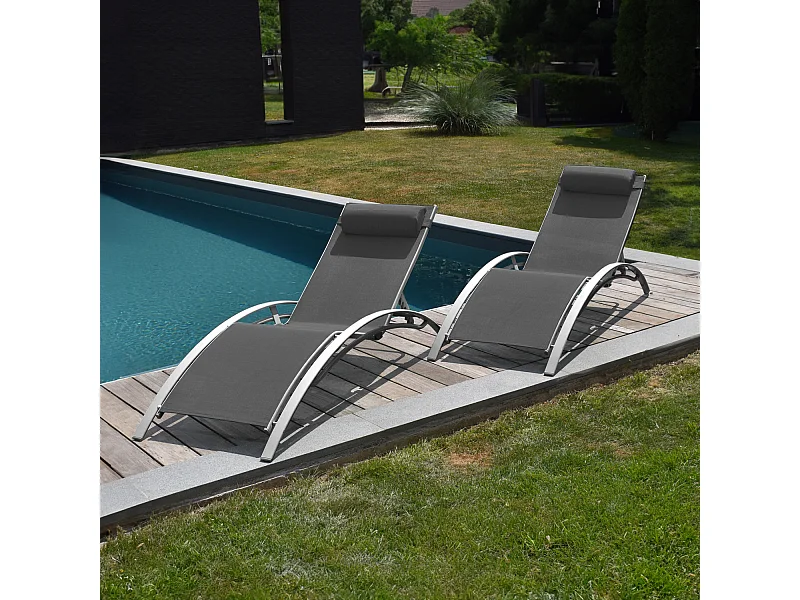 Lot de 2 transats GALAPAGOS en textilène gris - aluminium gris - HAPPY GARDEN
