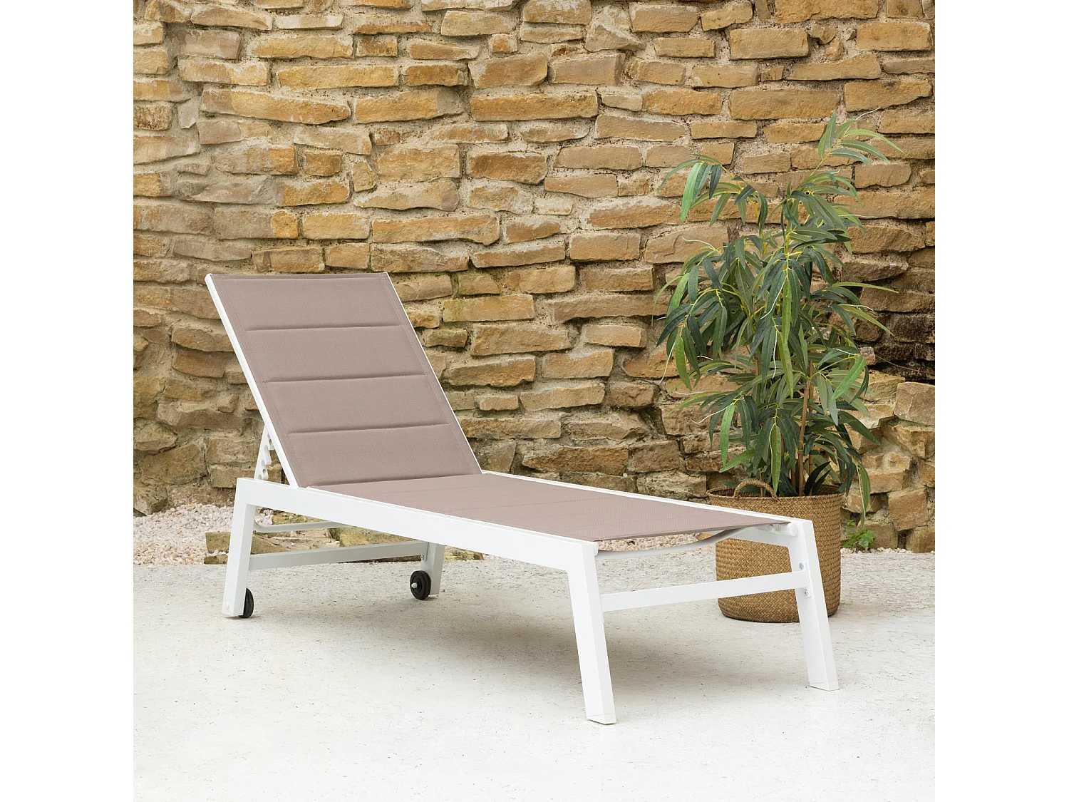 Bain de soleil BARBADOS en textilène taupe - aluminium blanc - HAPPY GARDEN