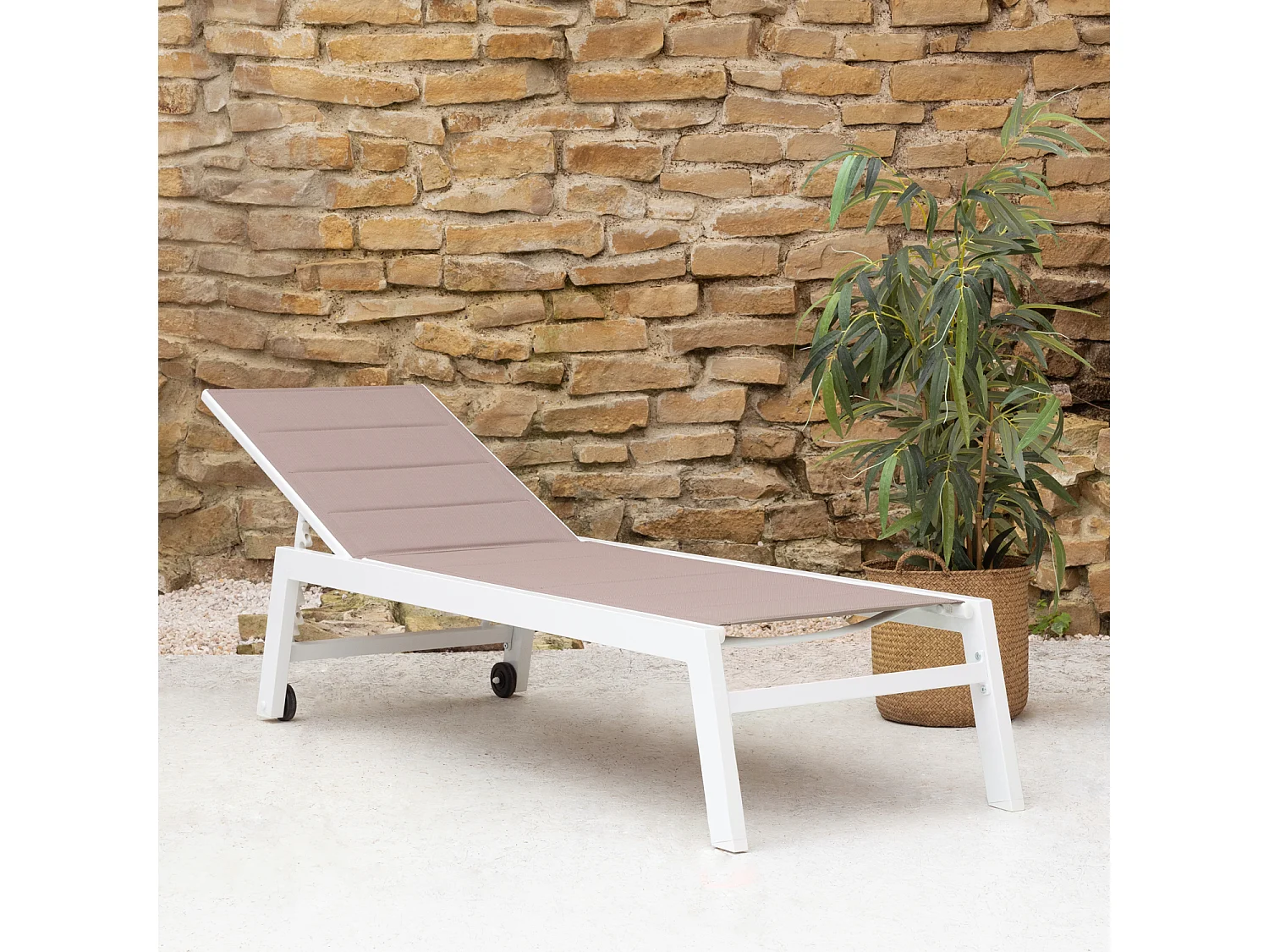 Bain de soleil BARBADOS en textilène taupe - aluminium blanc - HAPPY GARDEN