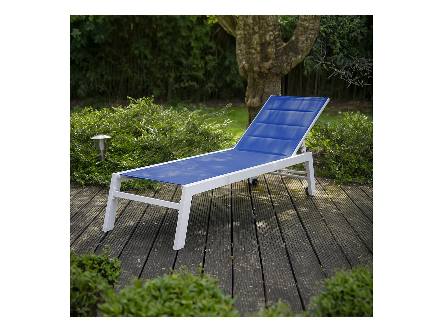 Bain de soleil BARBADOS en textilène bleu - aluminium blanc - HAPPY GARDEN