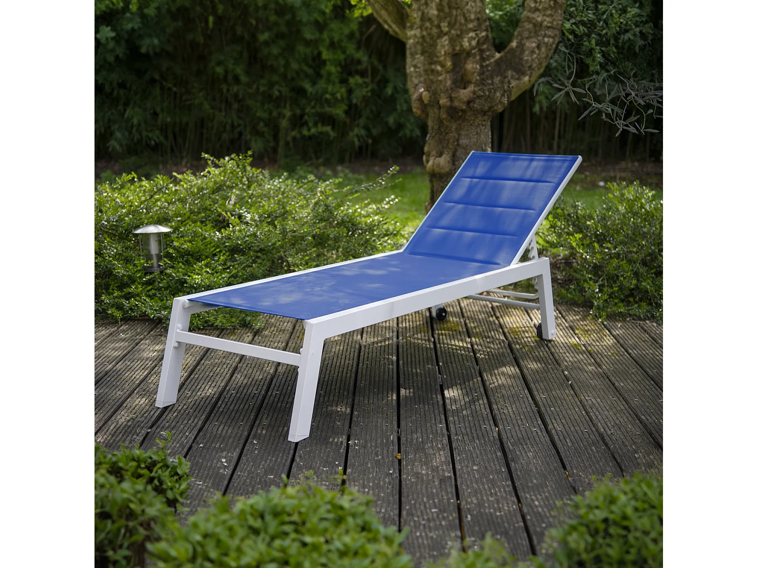 Bain de soleil BARBADOS en textilène bleu - aluminium blanc - HAPPY GARDEN