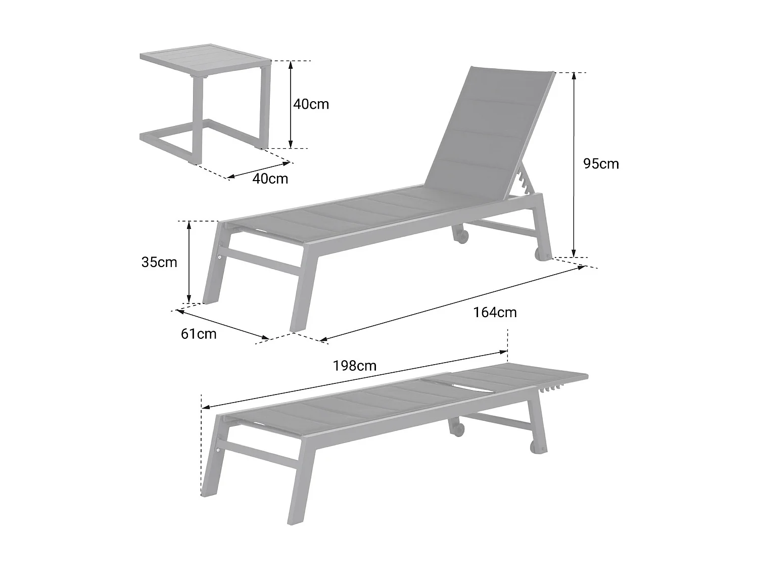 Set bain de soleil et table d'appoint BARBADOS en textilène gris - aluminium blanc - HAPPY GARDEN