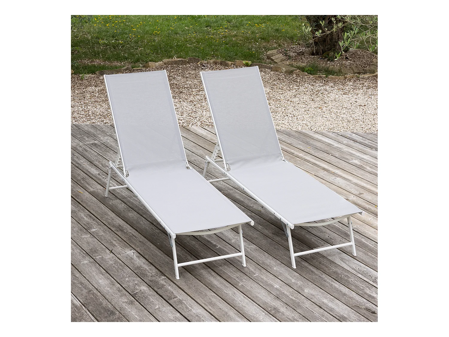 Lot de 2 bains de soleil pliants SICILIA en textilène gris - structure blanche - HAPPY GARDEN