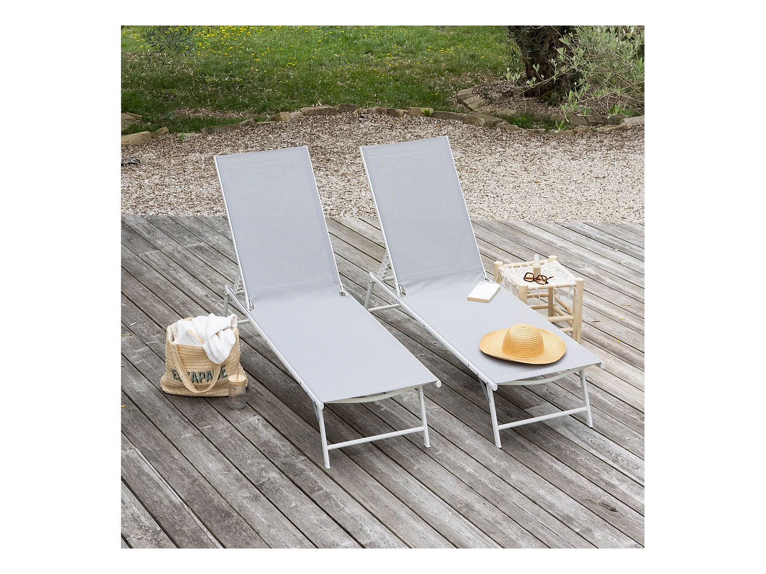 Set van 2 opvouwbare ligbedden SICILIA in grijs textilene - witte structuur
