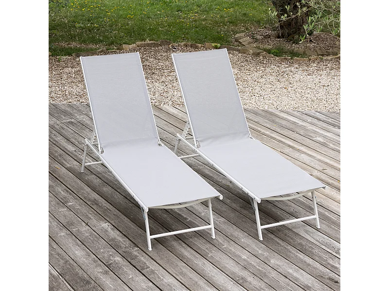 Lot de 2 bains de soleil pliants SICILIA en textilène gris - structure blanche - HAPPY GARDEN