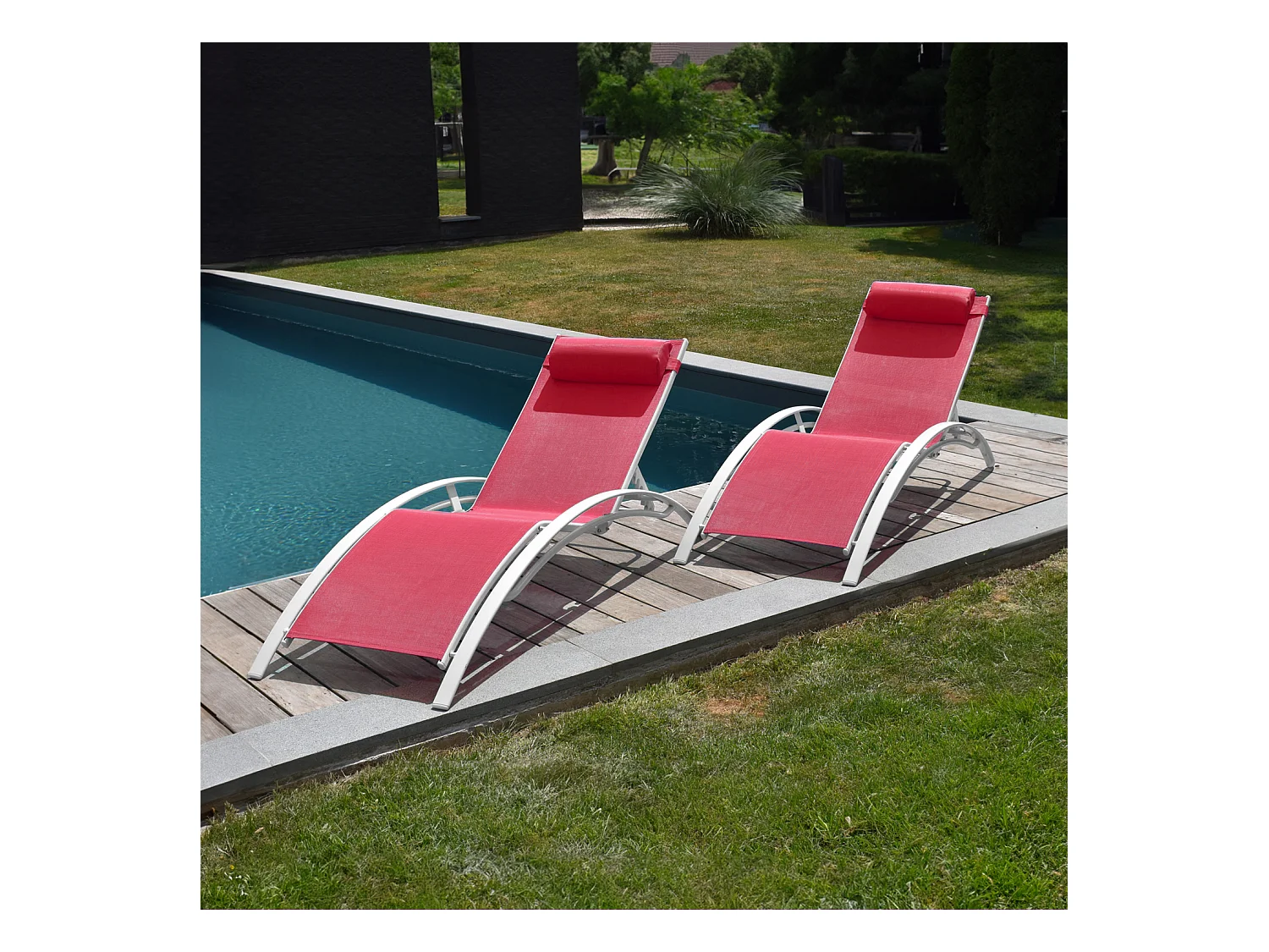 Lot de 2 transats GALAPAGOS en textilène rose - aluminium blanc - HAPPY GARDEN