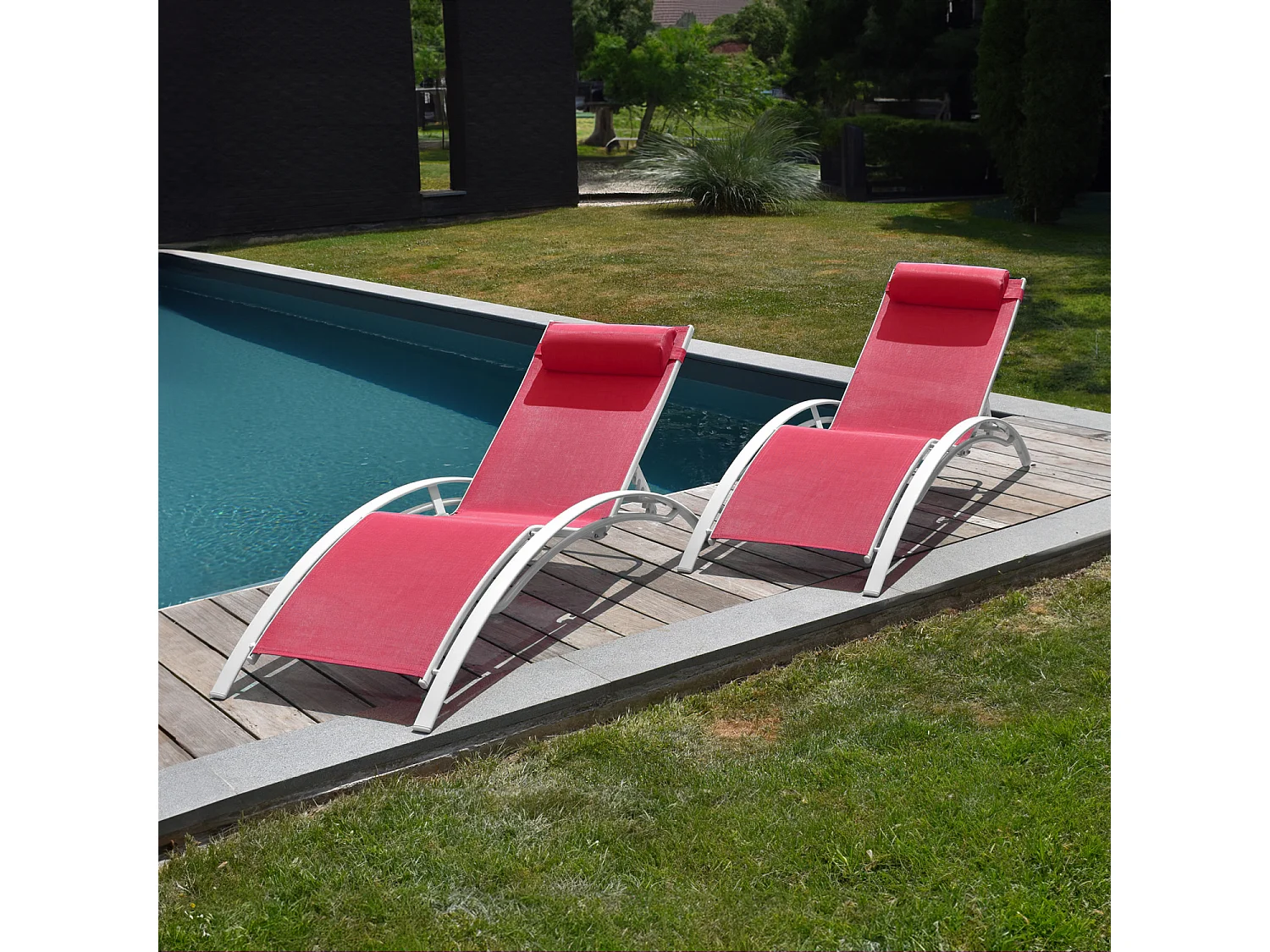 Lot de 2 transats GALAPAGOS en textilène rose - aluminium blanc - HAPPY GARDEN